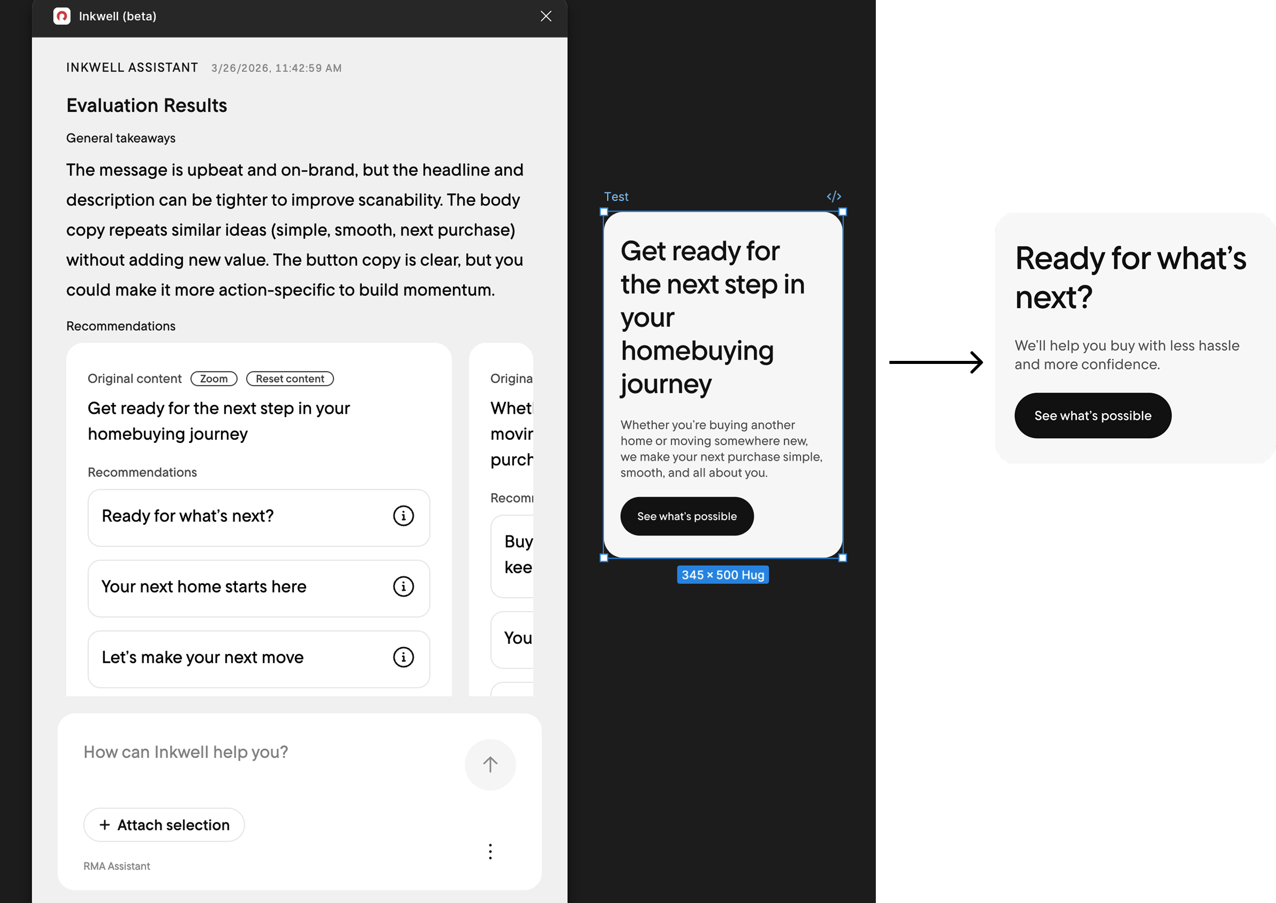 Inkwell Figma plugin showing AI content evaluation results and side-by-side headline recommendations alongside a live design frame