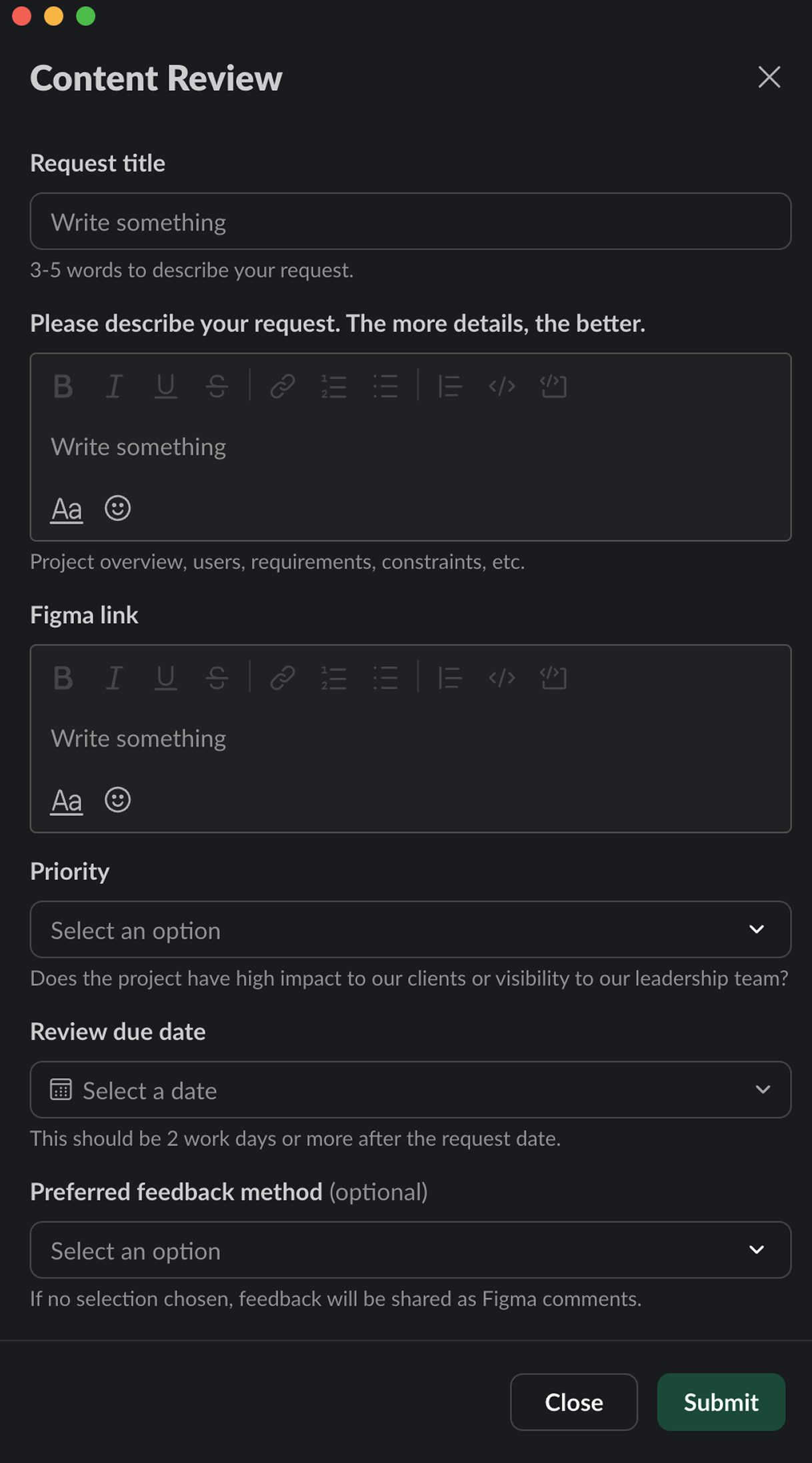 Content Review request form in Slack showing fields for request title, description, Figma link, priority, due date, and feedback method