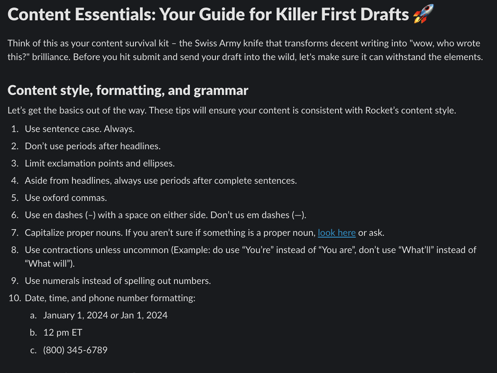 Content Essentials guide covering style, formatting, grammar rules, best practices for product content, and tips for successful writing