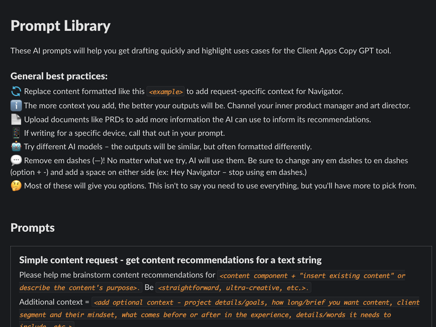Prompt Library showing AI prompt templates for content requests, screenshot-based reviews, and general best practices