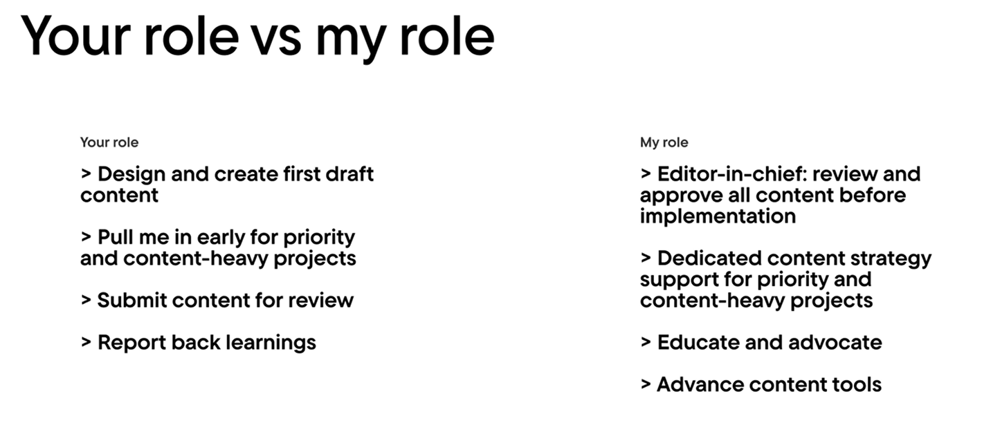 Your role vs my role slide defining that designers create first drafts and submit for review while the content designer serves as editor-in-chief