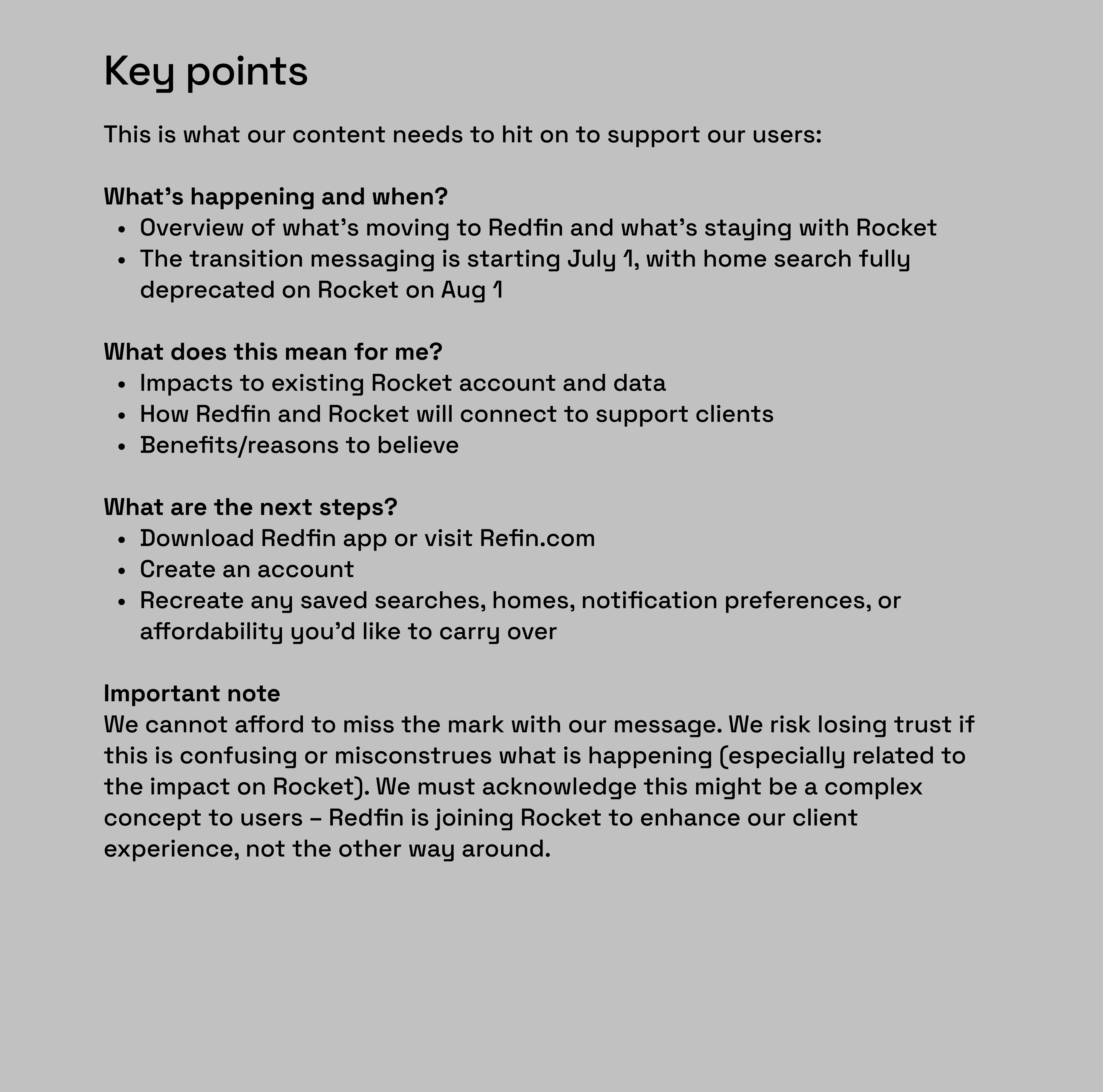 Key points document outlining what content needed to communicate: what is happening, what it means for clients, and next steps