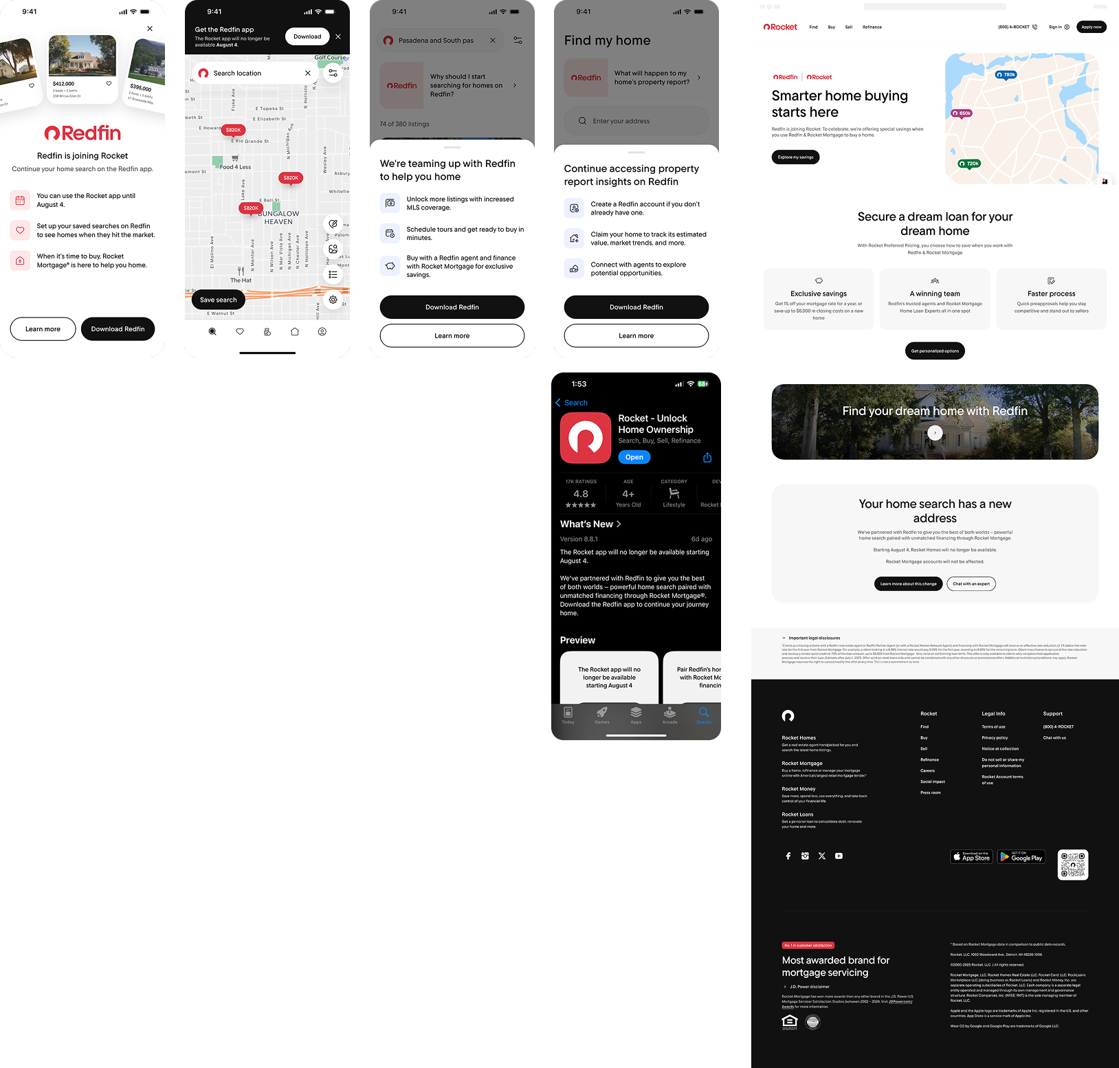 Full scope of pre-sunset assets: mobile app screens, App Store listing, and Rocket.com web pages announcing the Redfin partnership