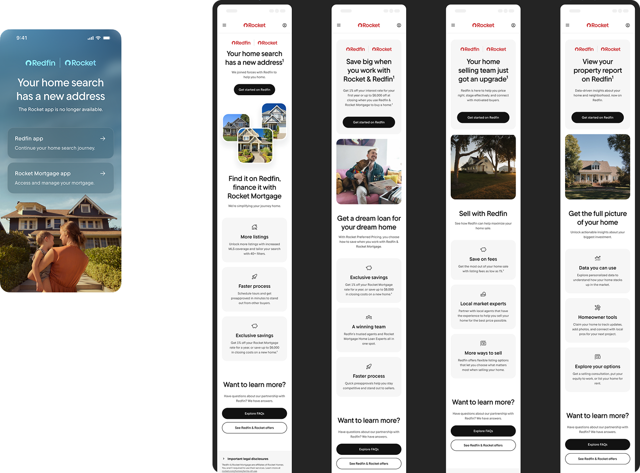 Post-sunset mobile screens: Your home search has a new address, followed by onboarding screens for buying, selling, and property reports on Redfin