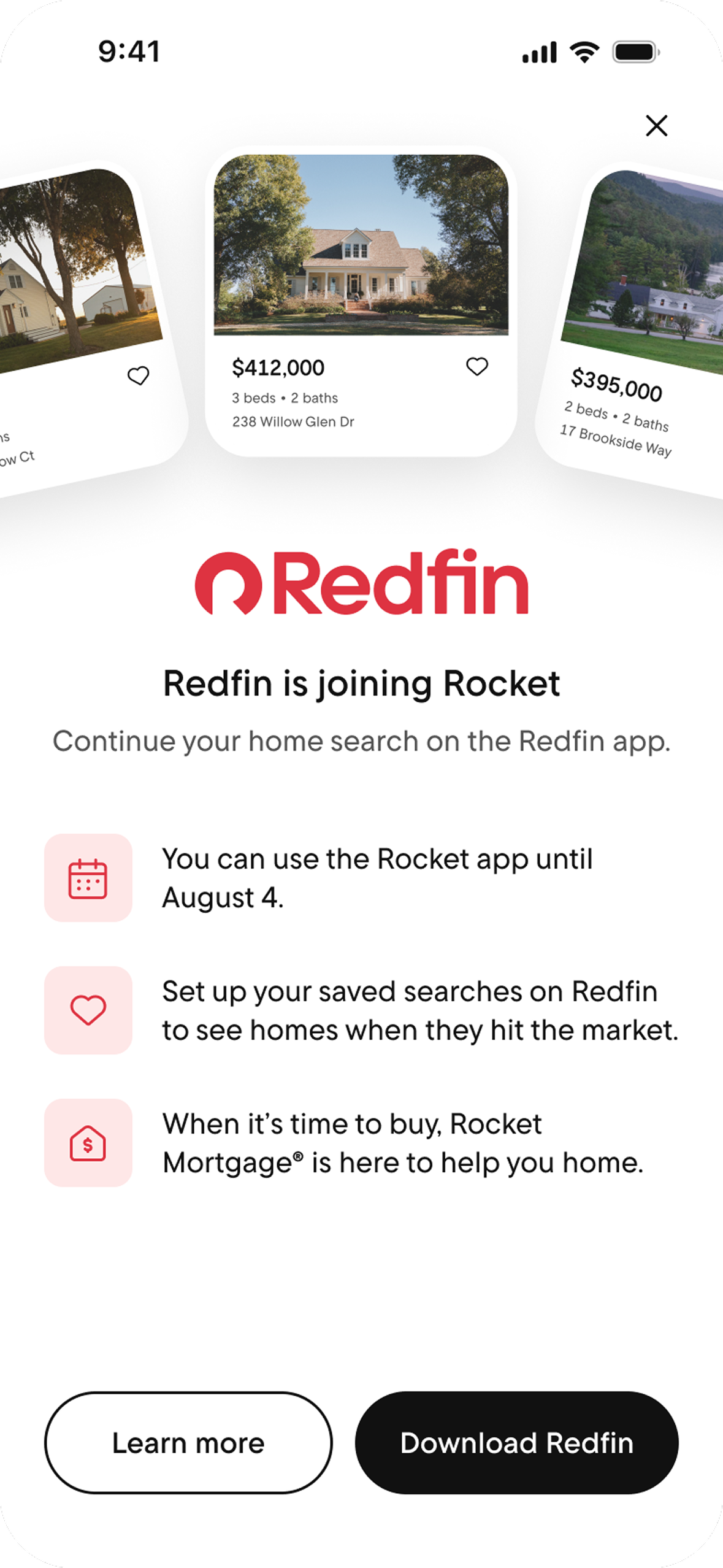 Redfin app – Redfin is joining Rocket onboarding screen